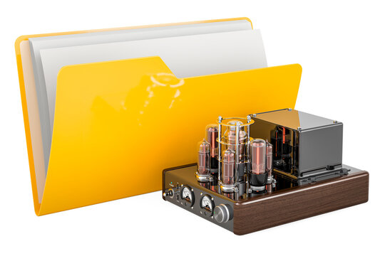Computer folder icon with electronic amplifier, 3D rendering