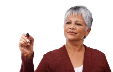 Writing, thinking and planning with business woman on transparent background for solution, information and strategy. Idea, brainstorming and schedule with senior employee on png for target and goals