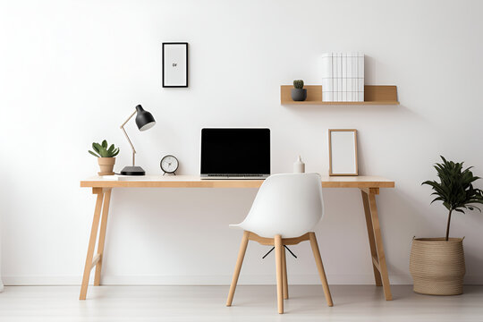 Minimalist office with a minimalistic color scheme, showcasing a desk setup with a wireless charging pad and a single notebook. Generated AI