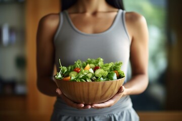 Healthy salad bowls held by Asian women in gym clothes to promote good health and wellness at home.;Generated with AI