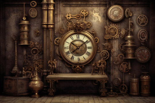 Retro clock mechanism steampunk style. 3D illustration digital art design, generative AI