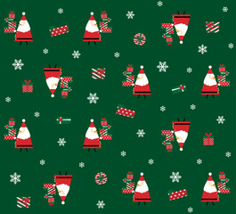  プレゼントを運ぶサンタクロースと雪の結晶のシームレスパターン（緑）