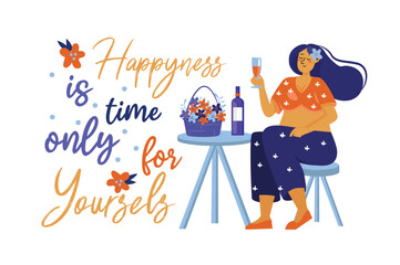 Date concept with woman scene in the flat cartoon design. A girl with a bottle of champagne celebrates an important date. Vector illustration.