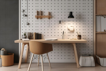 Minimalist home office with a writing desk, a minimalist table lamp, and a pegboard wall for hanging essential items. Generated AI