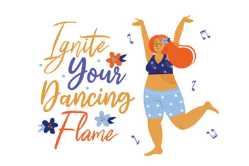 Dance concept with woman scene in the flat cartoon style. A girl dances for pleasure because she likes it. Vector illustration.