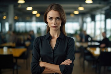 Confident western woman in formal dress standing on table with arms folded Looking straight at the camera in a modern office environment ;Generated with AI