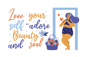 Flower delivery concept with woman scene in the flat cartoon style. A large basket of flowers was brought to the girl. Vector illustration.