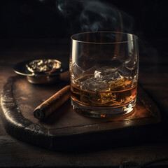 Whiskey with ice and cigar. 3D illustration digital art design, generative AI