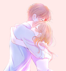 幸せそうに抱き合う男女　逆光