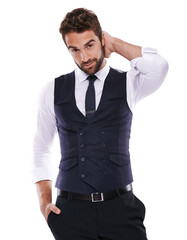 Portrait, fashion and a confident gentleman in formal clothes isolated on a transparent background for style. Suave, handsome and classy with a young male model posing in smart clothing on PNG