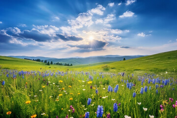 Obraz premium Beautiful spring meadow with wild flowers. 3D illustration digital art design, generative AI
