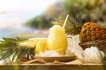 Pineapple slush on wooden table with nature background