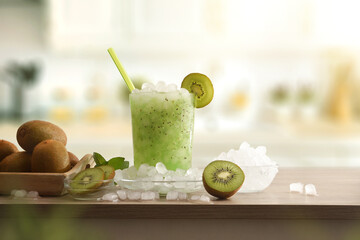 Cold kiwi drink with lots of ice on kitchen bench