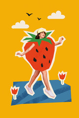 Drawing collage painting template of happy funky funny lady in strawberry costume rest relax on summer holiday