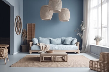 Japandi minimalist living room with frame mockup in white and blue tones. sofa, rattan furniture, and wallpaper. design of a farmhouse interior, generative AI