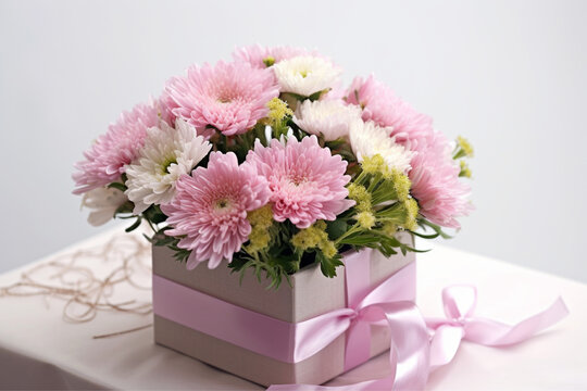 Beautiful colorful chrysanthemum and colorful flower bouquet and pink gift box on white table background for Birthday Gift, ai generative