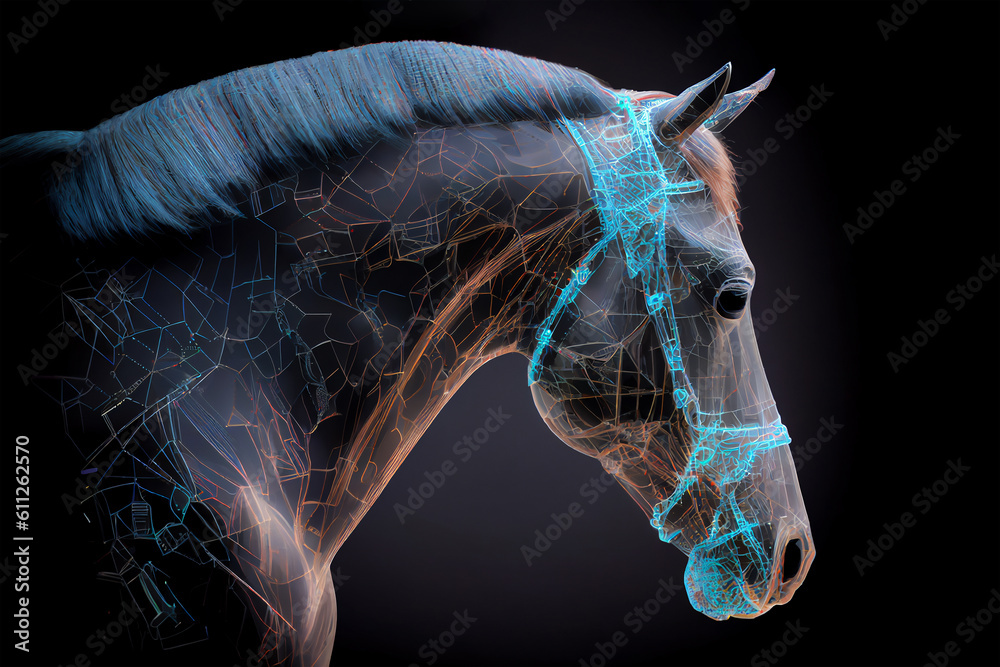 Wall mural neural network of a horse with big data and artificial intelligence circuit board in the head of the