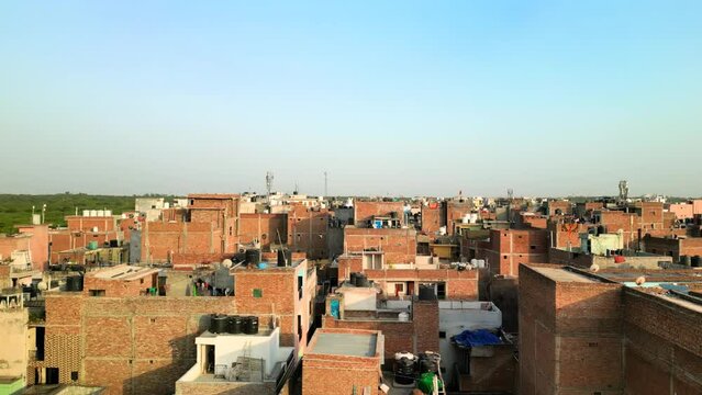 Delhi: Aerial view of capital city of India in spring - landscape panorama of South Asia from above