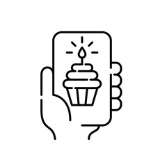 Birthday celebrations notification. Cupcake with frosting and candle on top. Hand holding smartphone. Anniversary congratulations. Pixel perfect, editable stroke icon