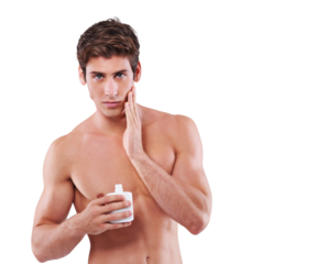 Skincare, portrait of a topless man with aftershave bottle for care and isolated against a transparent png background. Health wellness, body treatment and young male person with cologne for skin