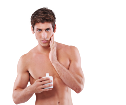 Skincare, portrait of a topless man with aftershave bottle for care and isolated against a transparent png background. Health wellness, body treatment and young male person with cologne for skin