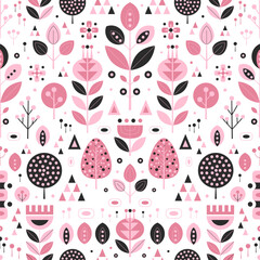 Retro Scandinavian Folk Abstract Botanical Pattern