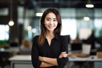 Office Working Girl smiling beautiful and cute Asian model standing in front of the camera and creating an office environment background.;Generated with AI