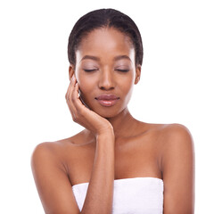Skincare, face and black woman with eyes closed isolated on a transparent png background. Natural beauty, makeup cosmetics and model with spa facial treatment for aesthetics, wellness or healthy skin