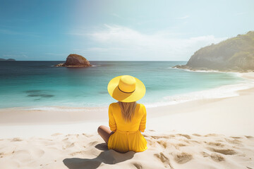 A woman sitting on the beach, wearing a beautiful hat and a pretty yellow dress, gazing at the horizon. Generative AI