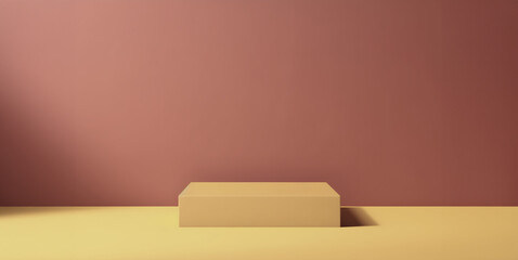 Abstract minimal concept. Soft pastel beige round podium on brown background. Mock up template for product presentation. 3D rendering. copy text space	

