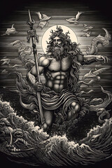 Engraving portrait of Neptune the Roman god of the sea who's Greek equivalent is Poseidon in classic ancient mythology, computer Generative AI stock illustration image