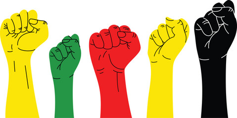 Freedom day, Juneteenth. Set of diverse hand with a flag of green, yellow and red. June 19