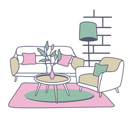 Home interior. Vector doodle isolated illustration. Sofa, armchair, coffee table with plant in vase, lamp, carpet, painting