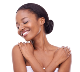 Beauty, smile and black woman with natural care of skin isolated in a transparent or png background. African, cosmetics and young person or model with skincare and clear glow due to dermatology