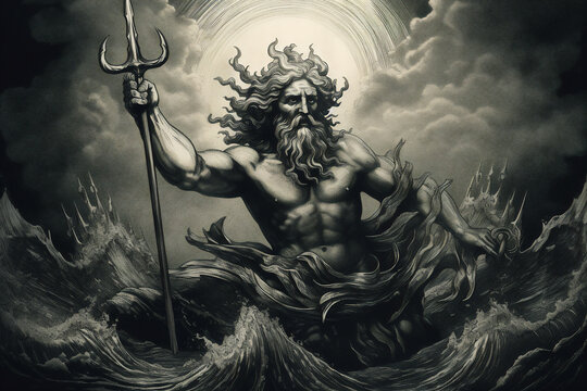Engraving portrait of Neptune the Roman god of the sea who's Greek equivalent is Poseidon in classic ancient mythology, computer Generative AI stock illustration image
