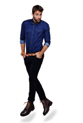 Fashion, portrait and handsome man jump with smart casual, trendy and denim style clothes. Young,...