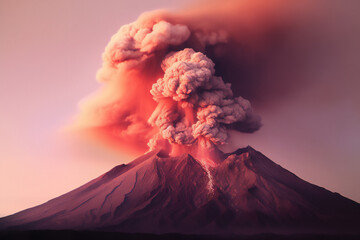 Volcano eruption creating an explosive mix of volcanic ash and molten rock lava from its crater which will lead to an erupting pyroclastic flow, computer Generative AI stock illustration image - obrazy, fototapety, plakaty