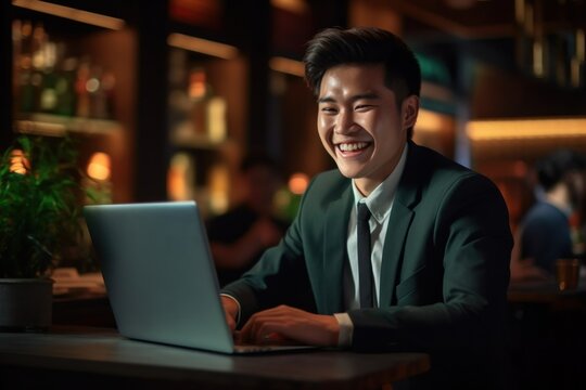 Happy Asian woman in formal office clothes working happily on her laptop in modern and comfortable office;Generated with AI
