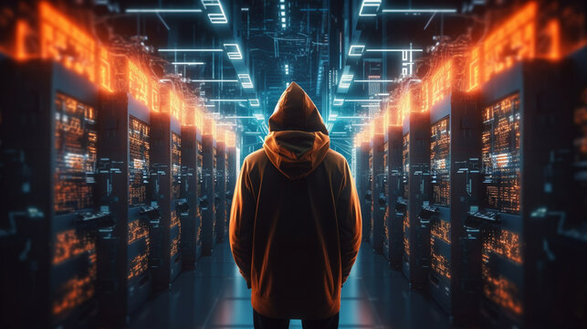 Back view of hacker standing among illuminated servers. Generative Ai