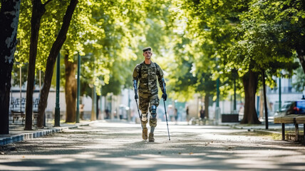 Soldier with prosthetic arms and legs walking to home with crutches in the park. Generative AI.