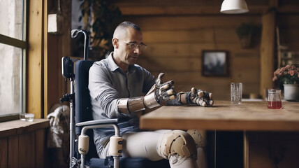 Disabled man sitting in wheelchair with prosthetic arm and legs. Rehabilitation concept. Generative AI.