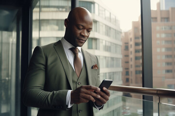 Fototapeta premium African American Businessman With Smartphone Standing in the Office Near Big Window. Generative AI.