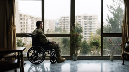 Soldier alone in a wheelchair at the window. Sadness and pain. Generative AI.