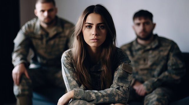 Love triangle in military life. Soldier woman looking at camera while sitting in armchair behind two lovers. Generative AI.
