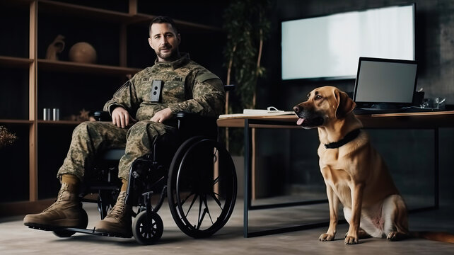 Disabled man in military uniform sitting in wheelchair with his dog near table work place laptop. Generative AI.