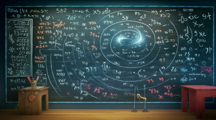 Blackboard inscribed with scientific formulas and calculations in physics and mathematics. Generative Ai