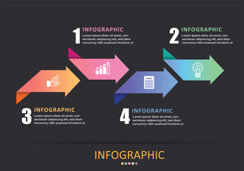 Vector infographic with 4 arrows facing the same direction,clear color isolated on black gray background,represents timeline step or planning work for financial education and management presentation.