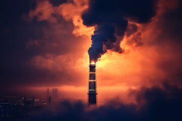 Obraz premium Smokestack emitting dark plumes into the sky, Climate change and environmental degradation, climate change, pollution, bokeh Generative AI