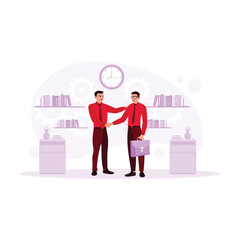 Concept of making a deal and shaking hands. Business partners saying hello or closing a deal. 2 people shaking hands in the office. Trend Modern vector flat illustration.