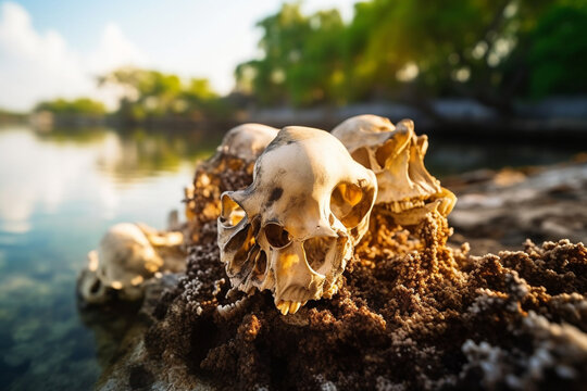 Dead coral reefs due to rising ocean temperatures, Climate change and environmental degradation, climate change, pollution, bokeh Generative AI